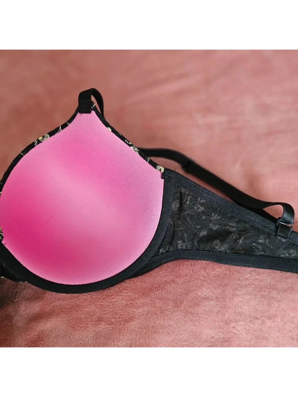 Black Floral Lace Victorias Secret Pink 34DD Push-Up Bra W/Adj Straps & Back - Picture 8 of 15